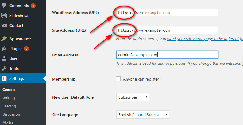 http to https in settings general of wordpress